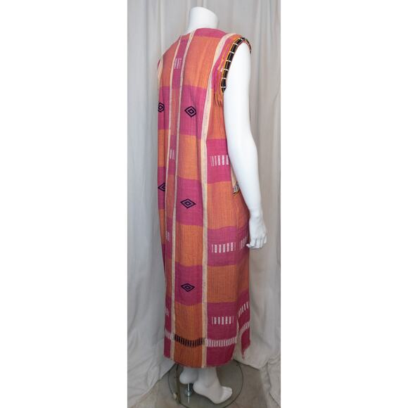 VINTAGE '70s Hand Woven Embroidered Pink & Orange Kaftan Tunic Dress ONE SIZE - Picture 6 of 16